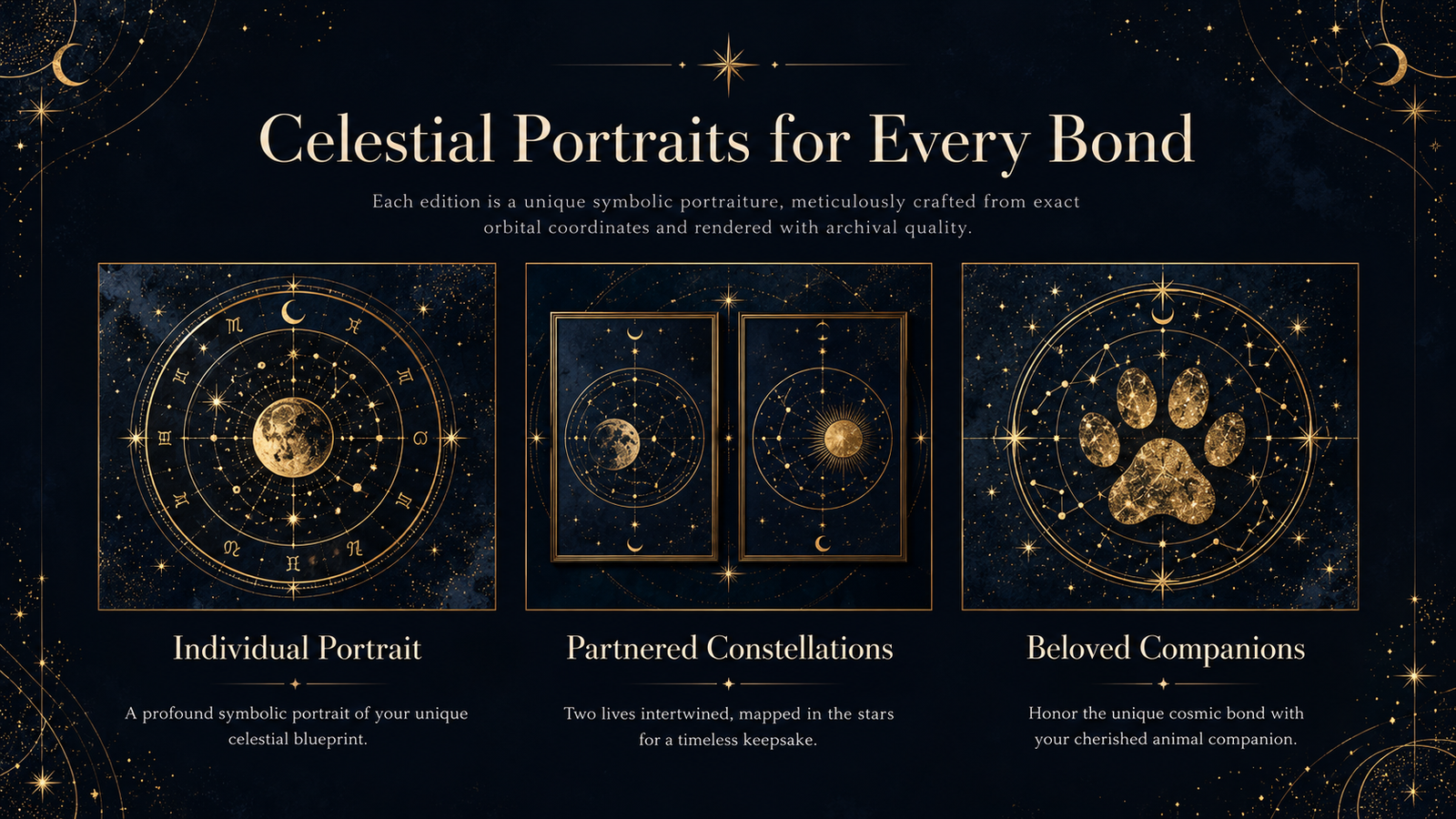 Three celestial portrait concepts: individual portrait, partnered constellations, and beloved companions